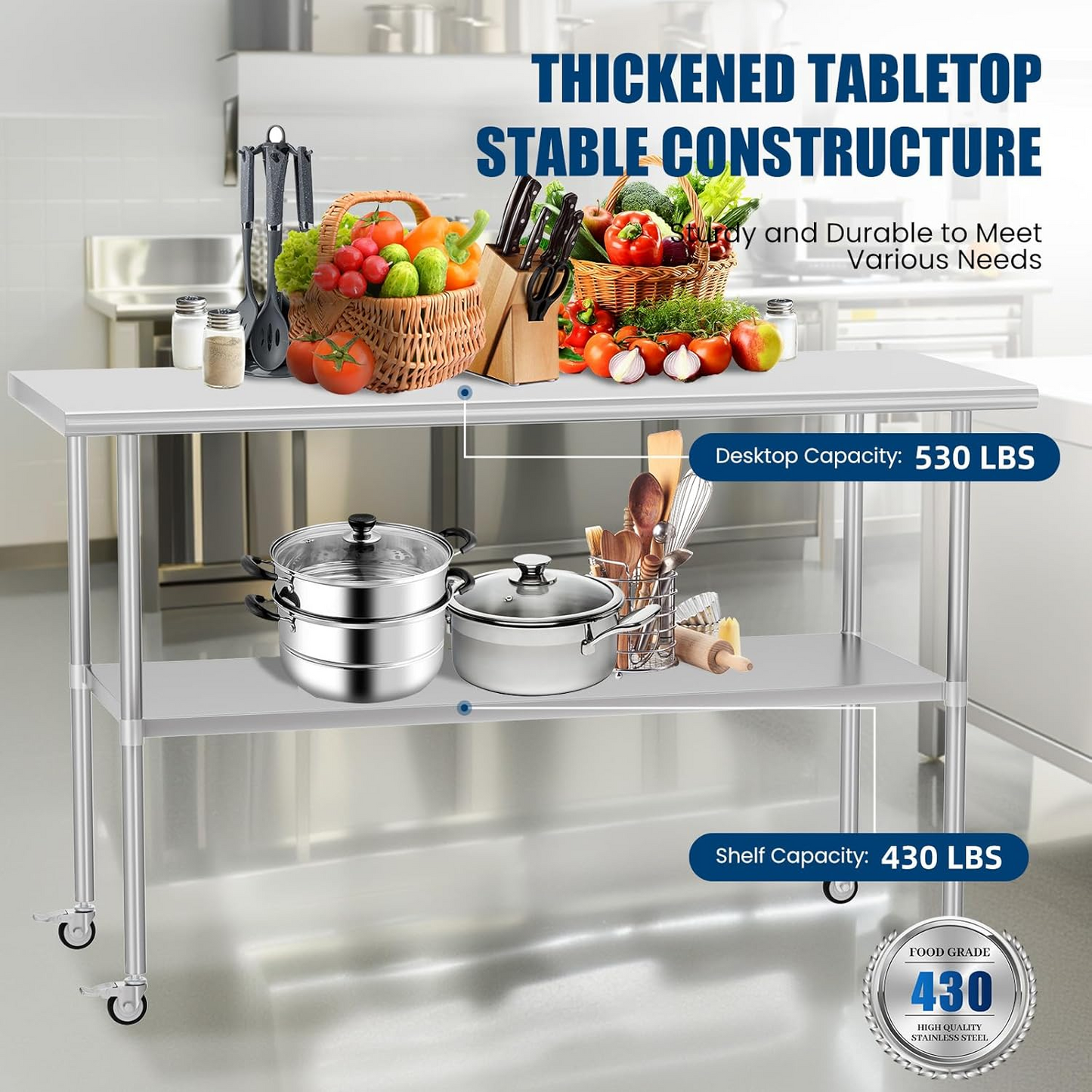 30 x 60 Inches Stainless Steel Table Metal Prep Table with wheels