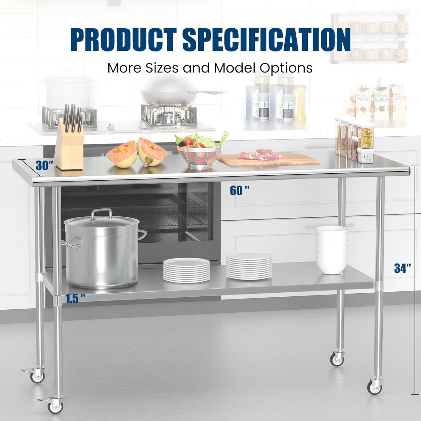 30 x 60 Inches Stainless Steel Table Metal Prep Table with wheels