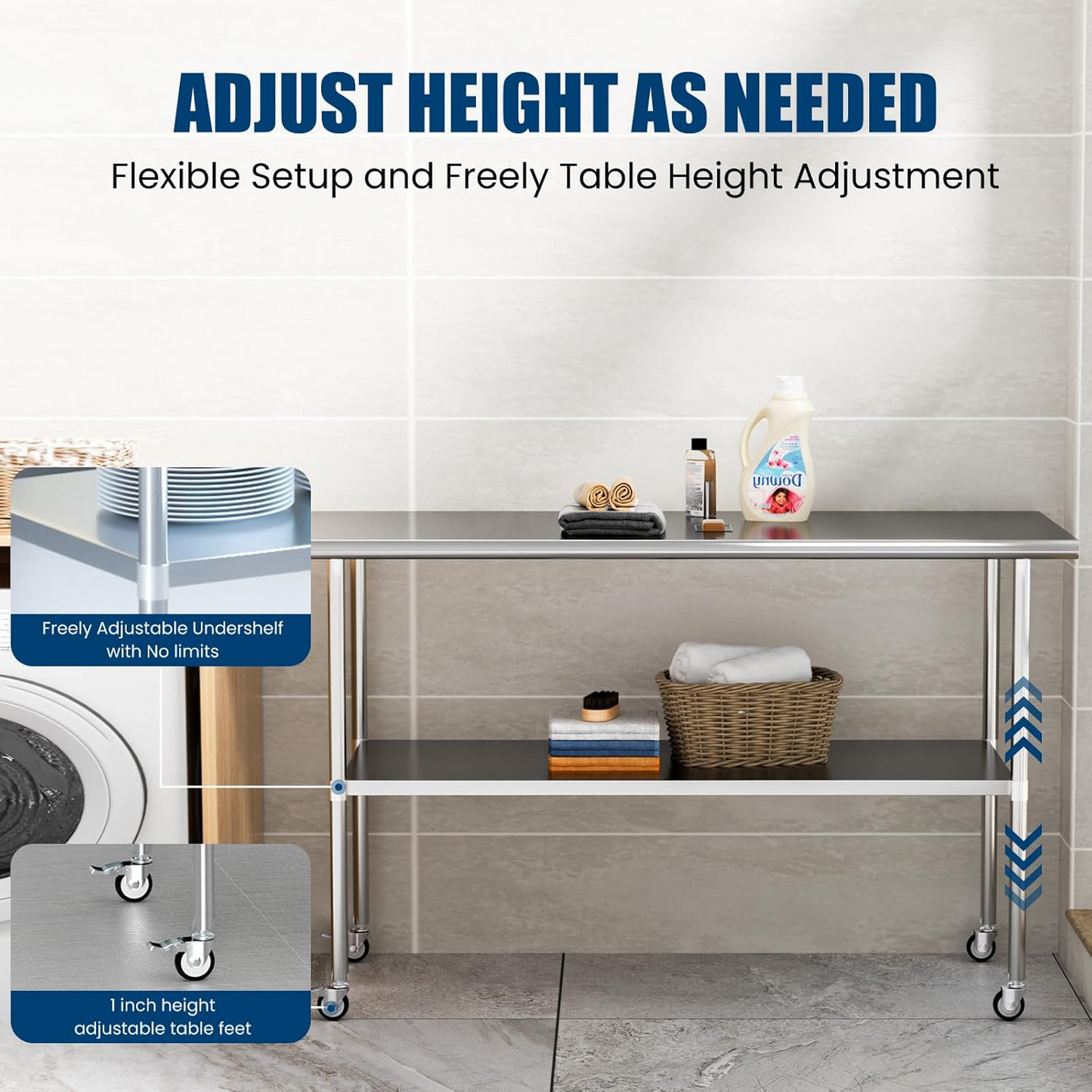 30 x 60 Inches Stainless Steel Table Metal Prep Table with wheels